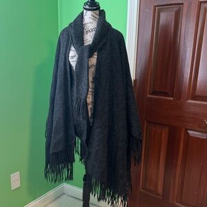 Women's Black Fringe Shawl Coat